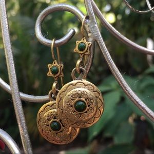 Gold Medallion w/Green Cabochon Stones Earrings